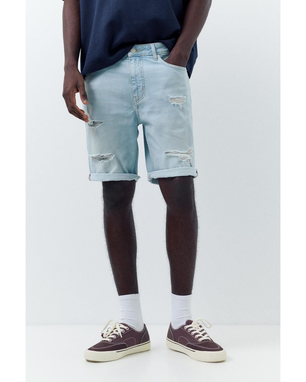 Pull&Bear Blue Ripped Denim Bermuda Shorts for men