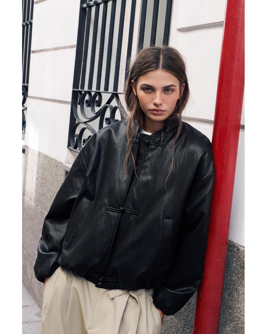 Pull&Bear Black Leather-Effect Bomber Jacket With Fireman Clasps