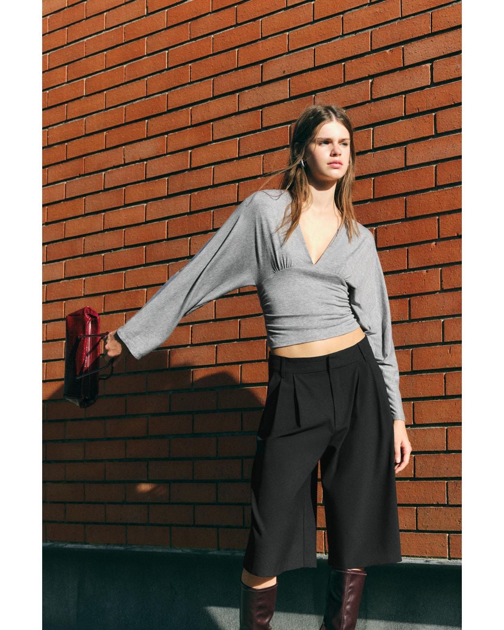 Pull&Bear Brown Gathered V-Neck Top