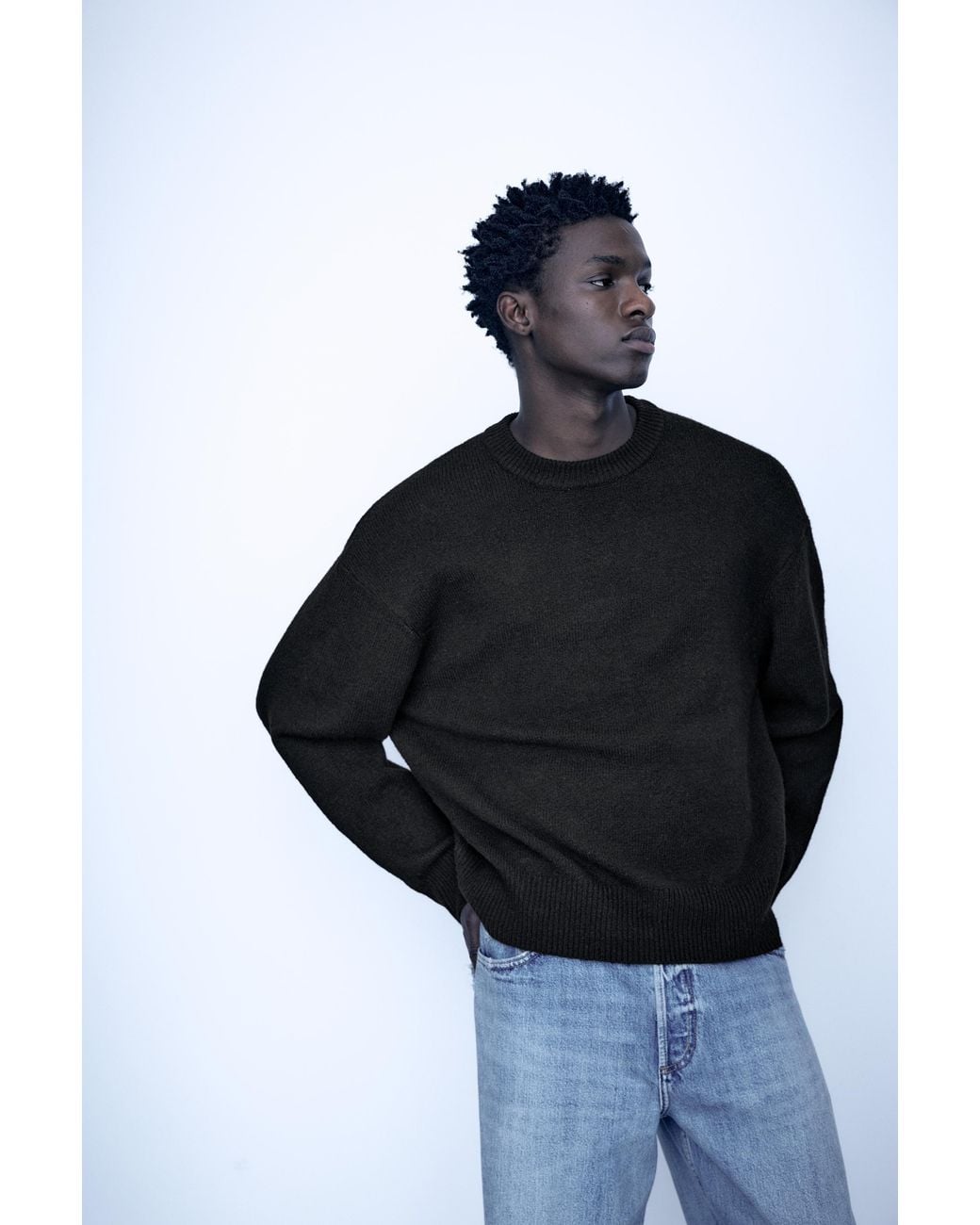 Pull&Bear Black Basic Round Neck Jumper for men