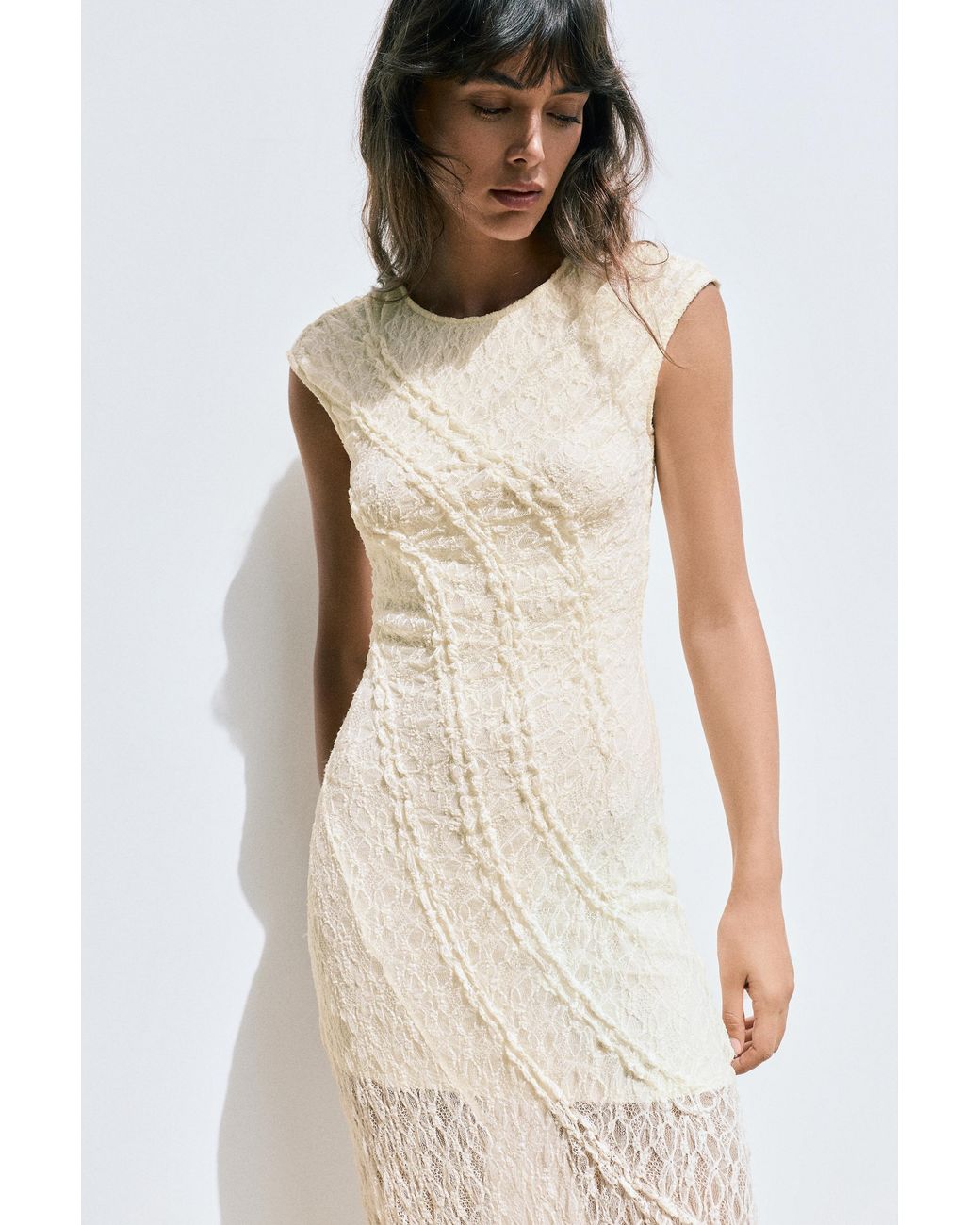 Pull&Bear Natural Fitted Lace Midi Dress