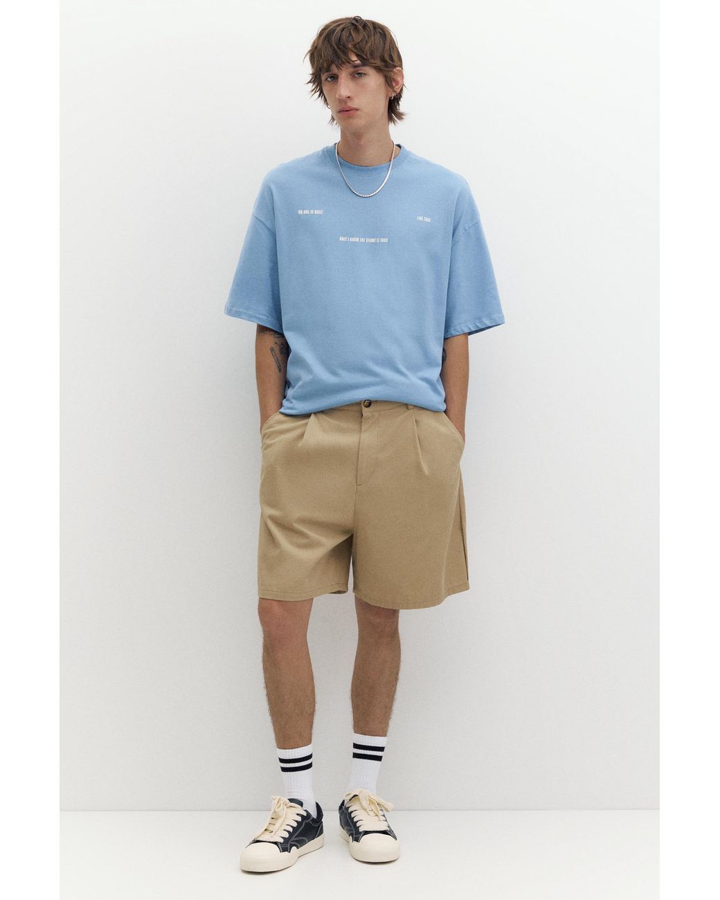 Pull&Bear Blue Stwd Boxy Text T-Shirt for men