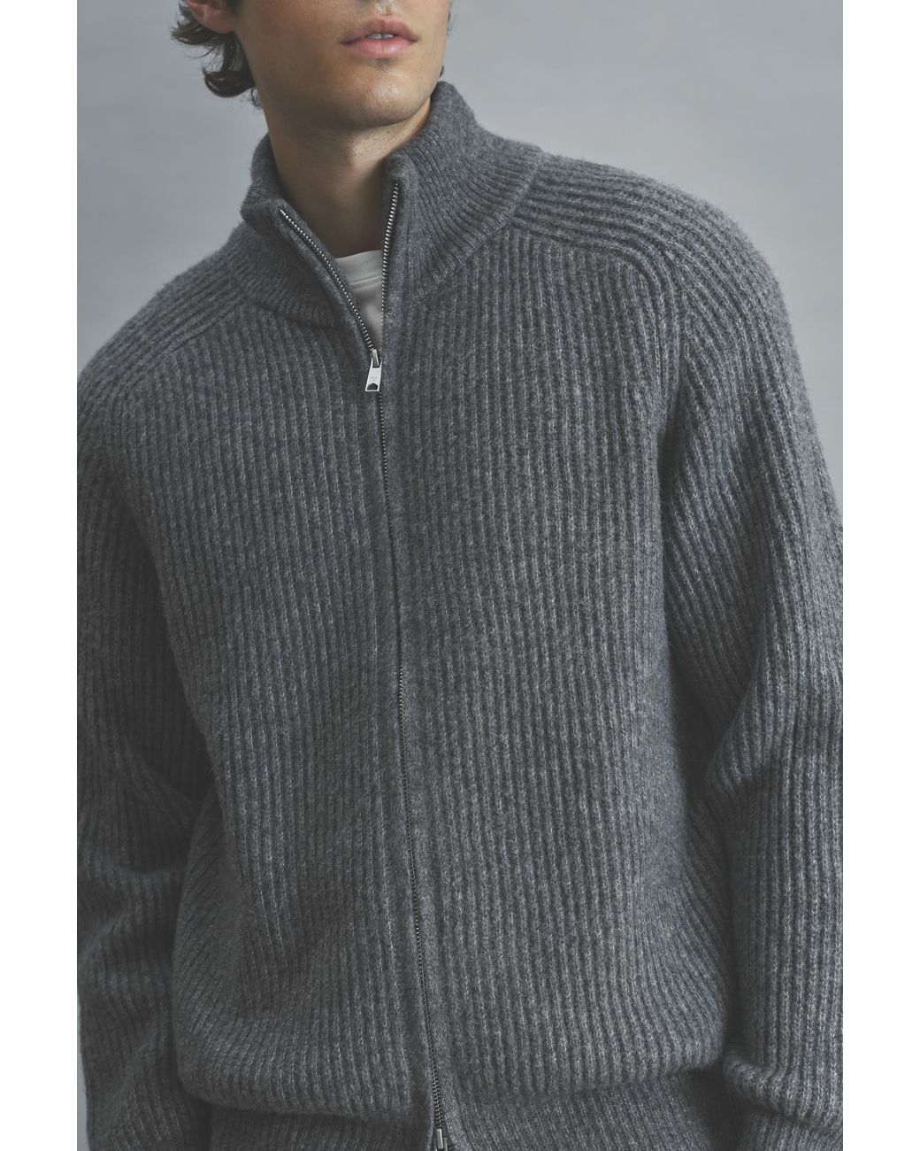 Pull&Bear Gray Ribbed Zip-Up Cardigan for men