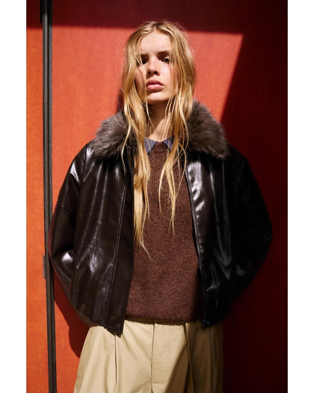Pull&Bear Black Leather Effect Jacket With Fur Collar