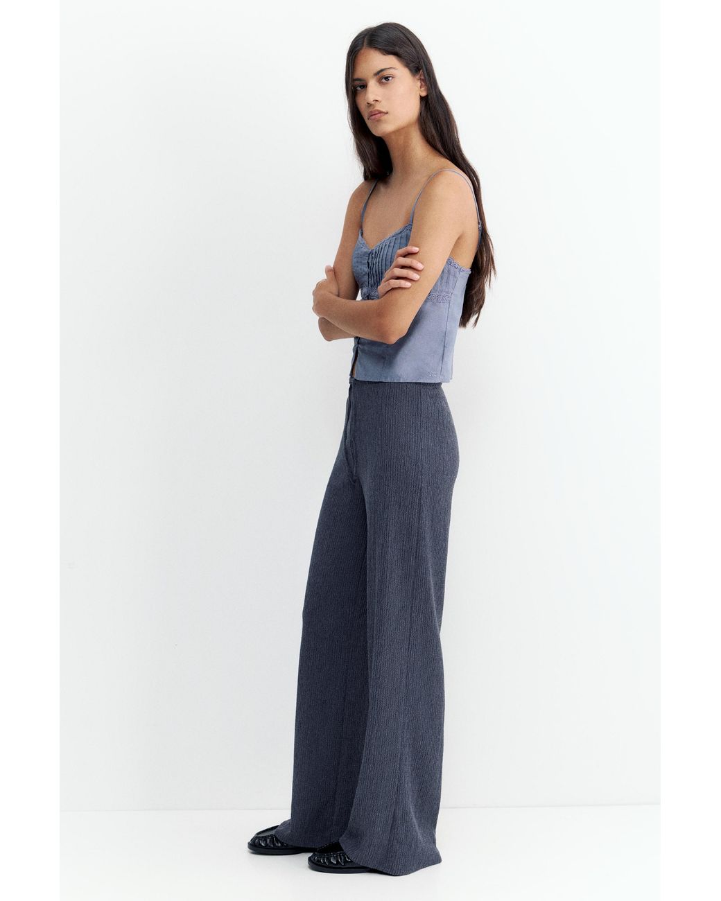 Pull&Bear Blue Wide-Leg Crepe Trousers