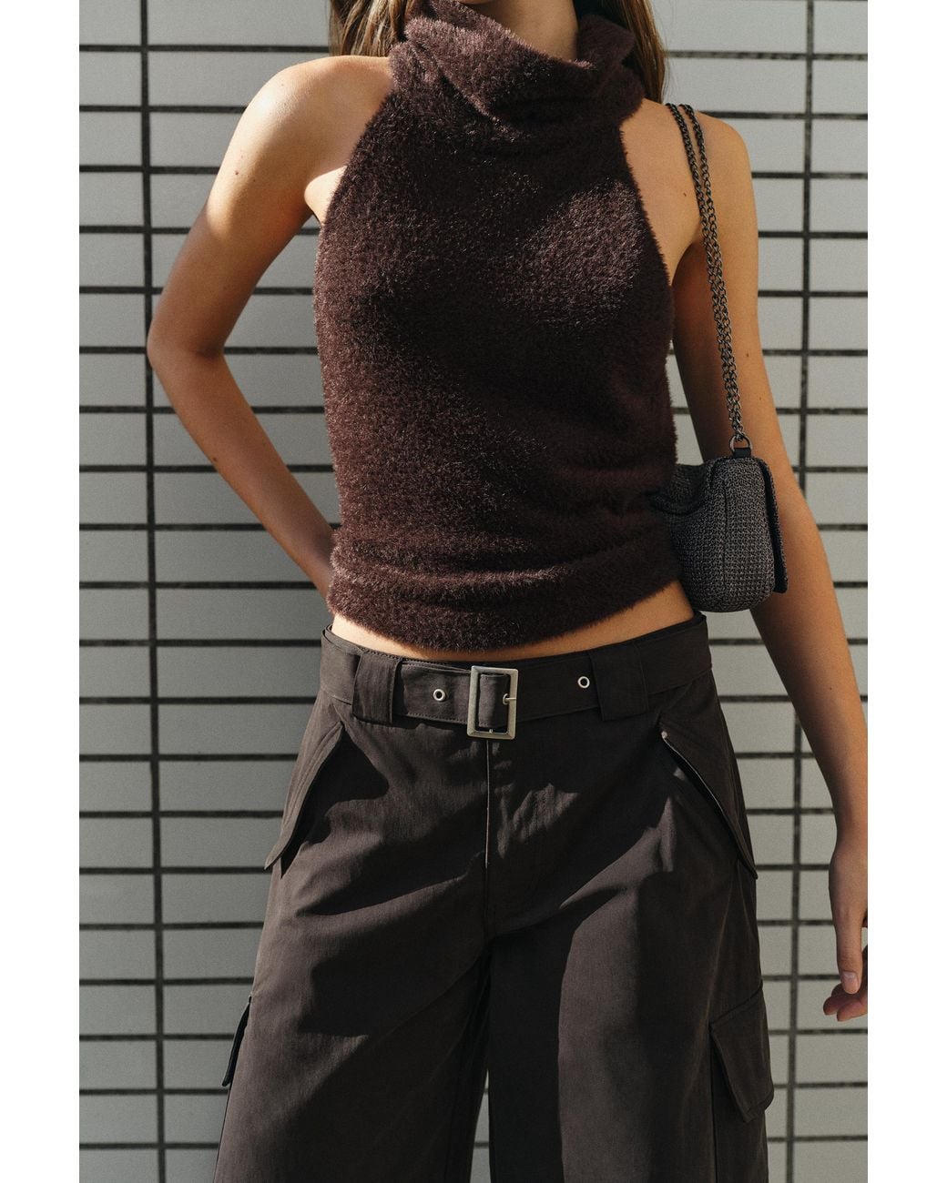 Pull&Bear Black Faux Fur Halter Top
