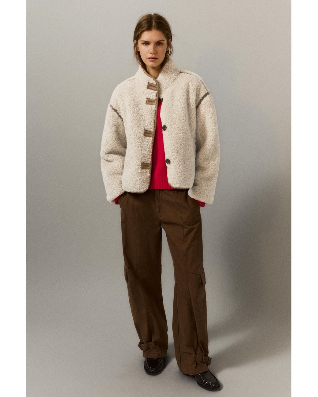 Pull&Bear Natural Faux Shearling Jacket With A High Neck