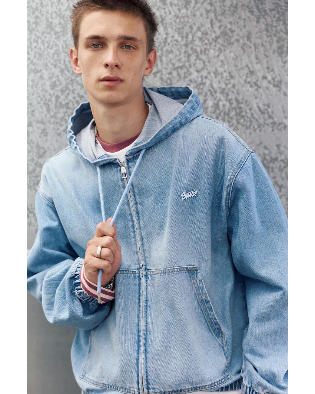 Pull&Bear Blue Stwd Hooded Zip-Up Denim Jacket for men