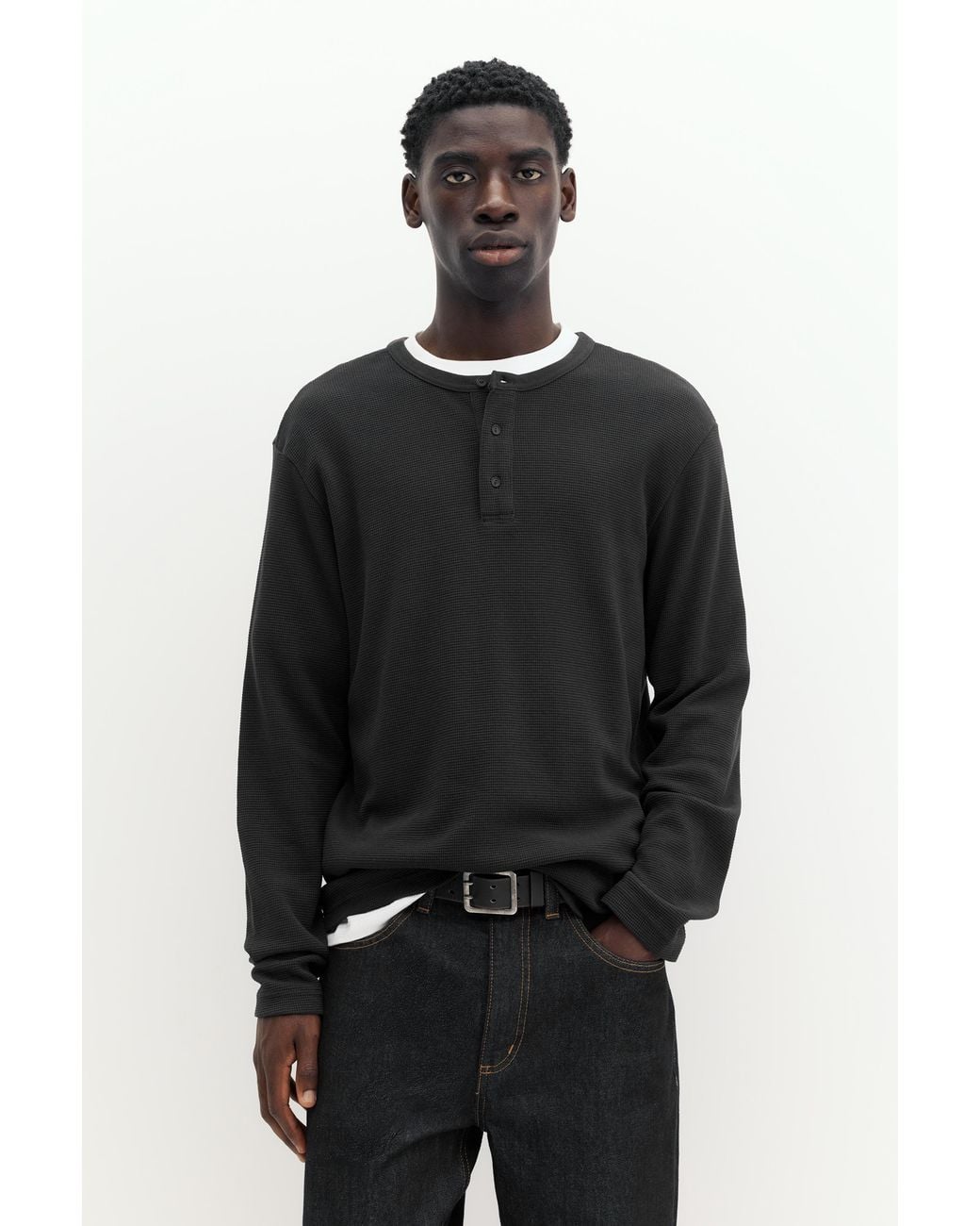 Pull&Bear Black Long Sleeve Henley T-Shirt for men