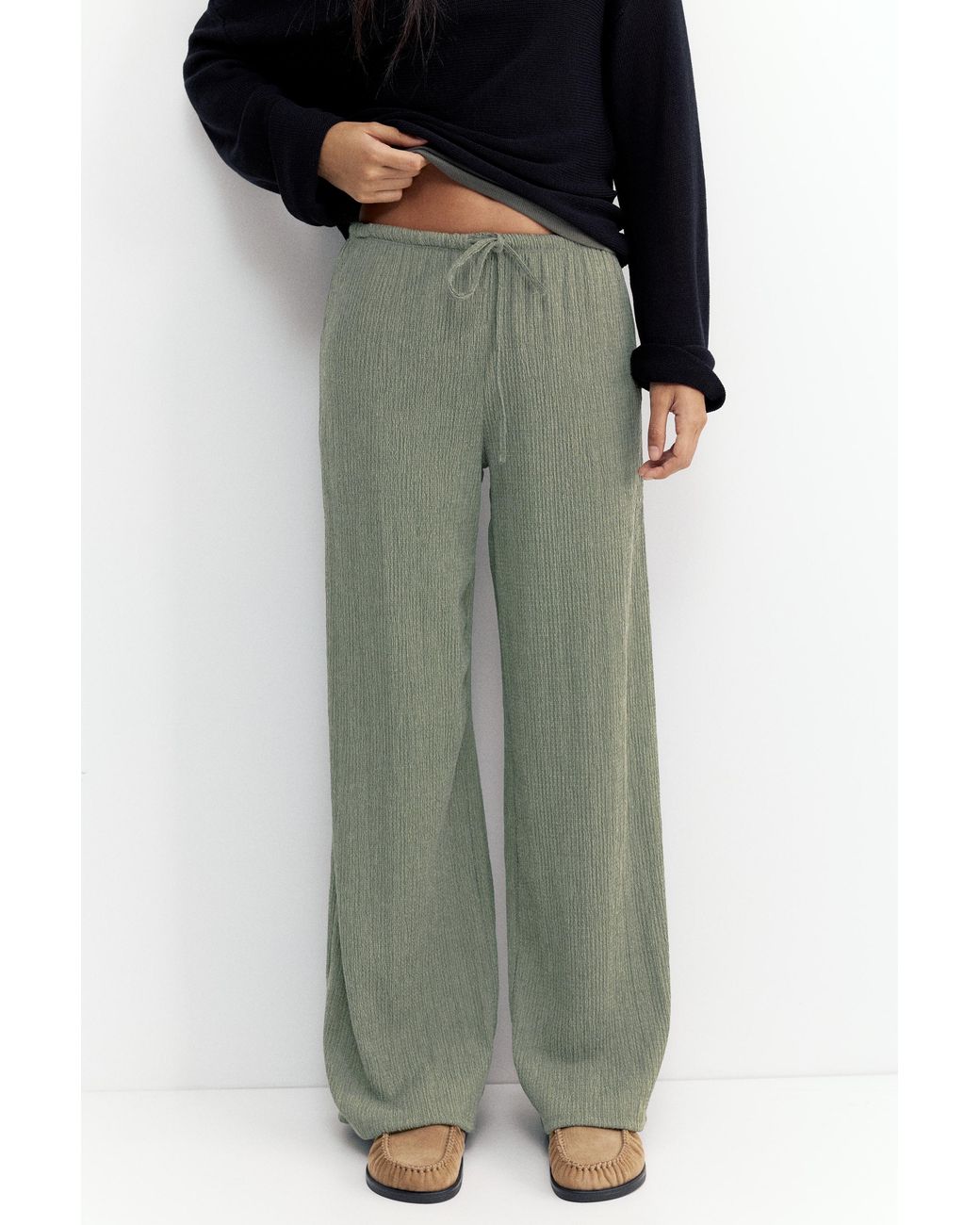 Pull&Bear Green Wide-Leg Crepe Trousers