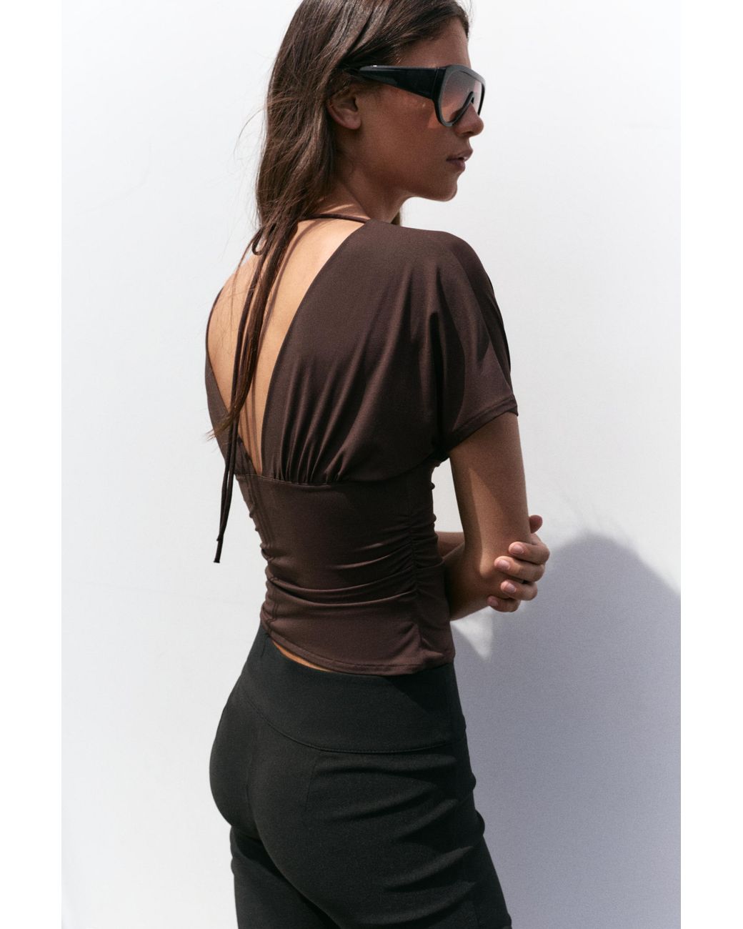Pull&Bear Brown Gathered V-Neck Top