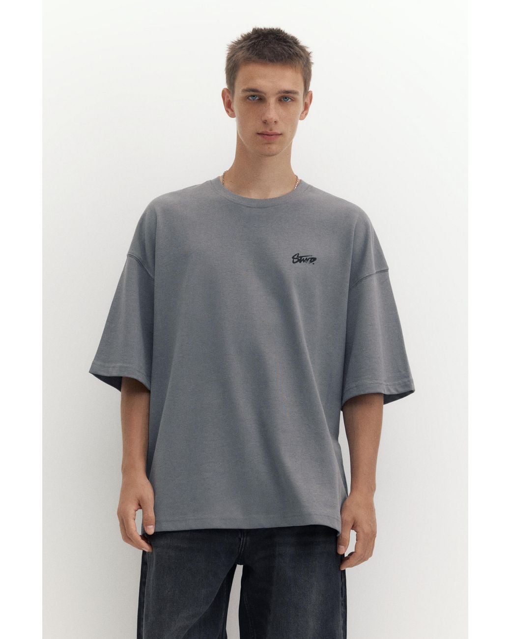 Pull&Bear Gray Oversize Stwd T-Shirt for men