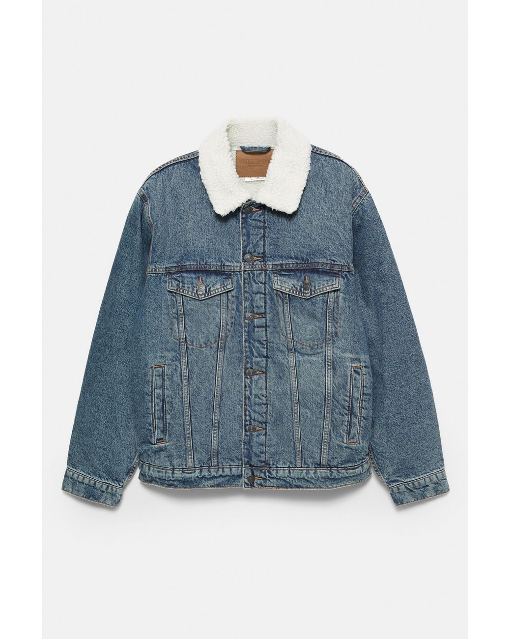 Pull&Bear Blue Denim Jacket With Faux Shearling Collar for men