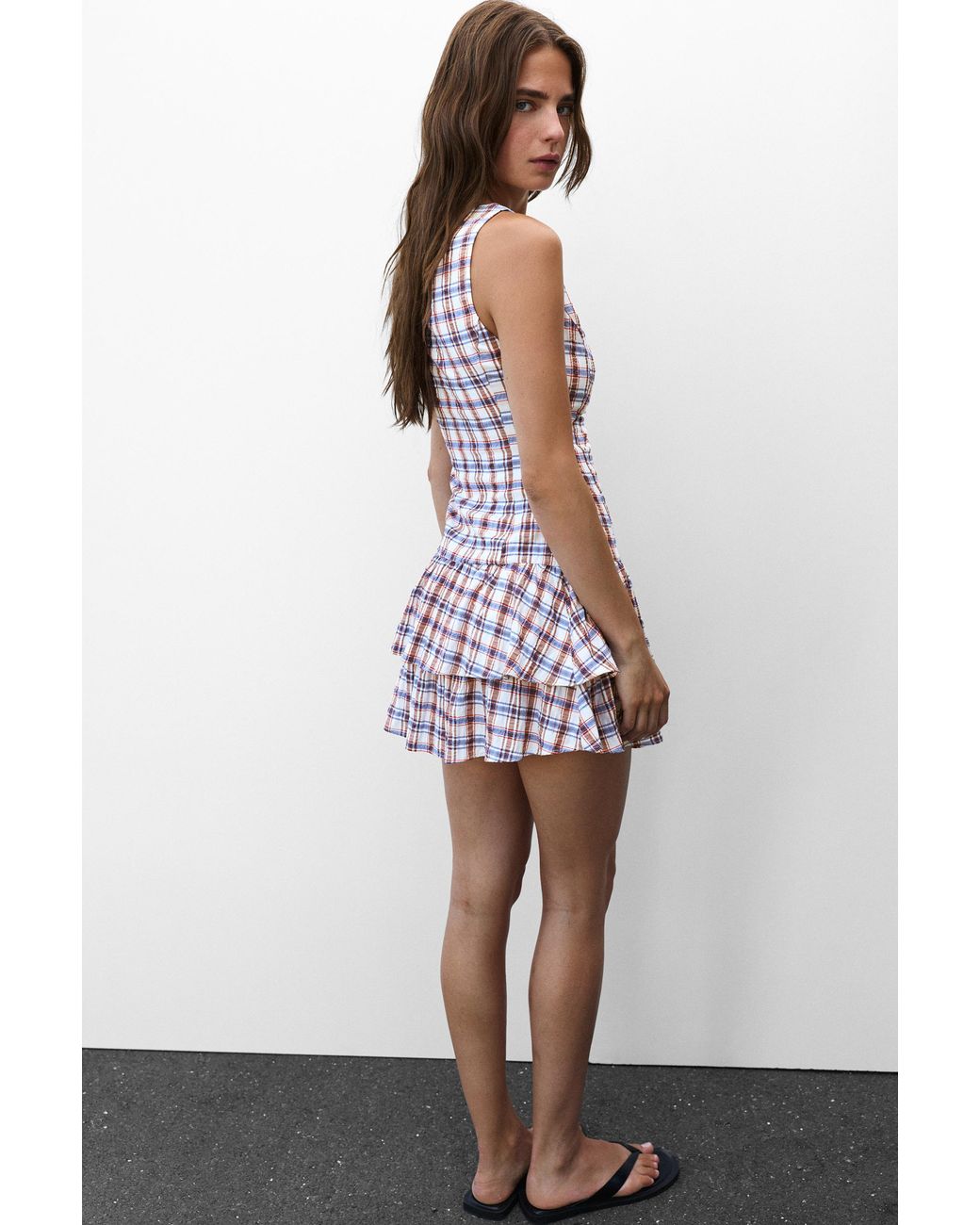 Pull&Bear Blue Check Print Ruffle Short Dress