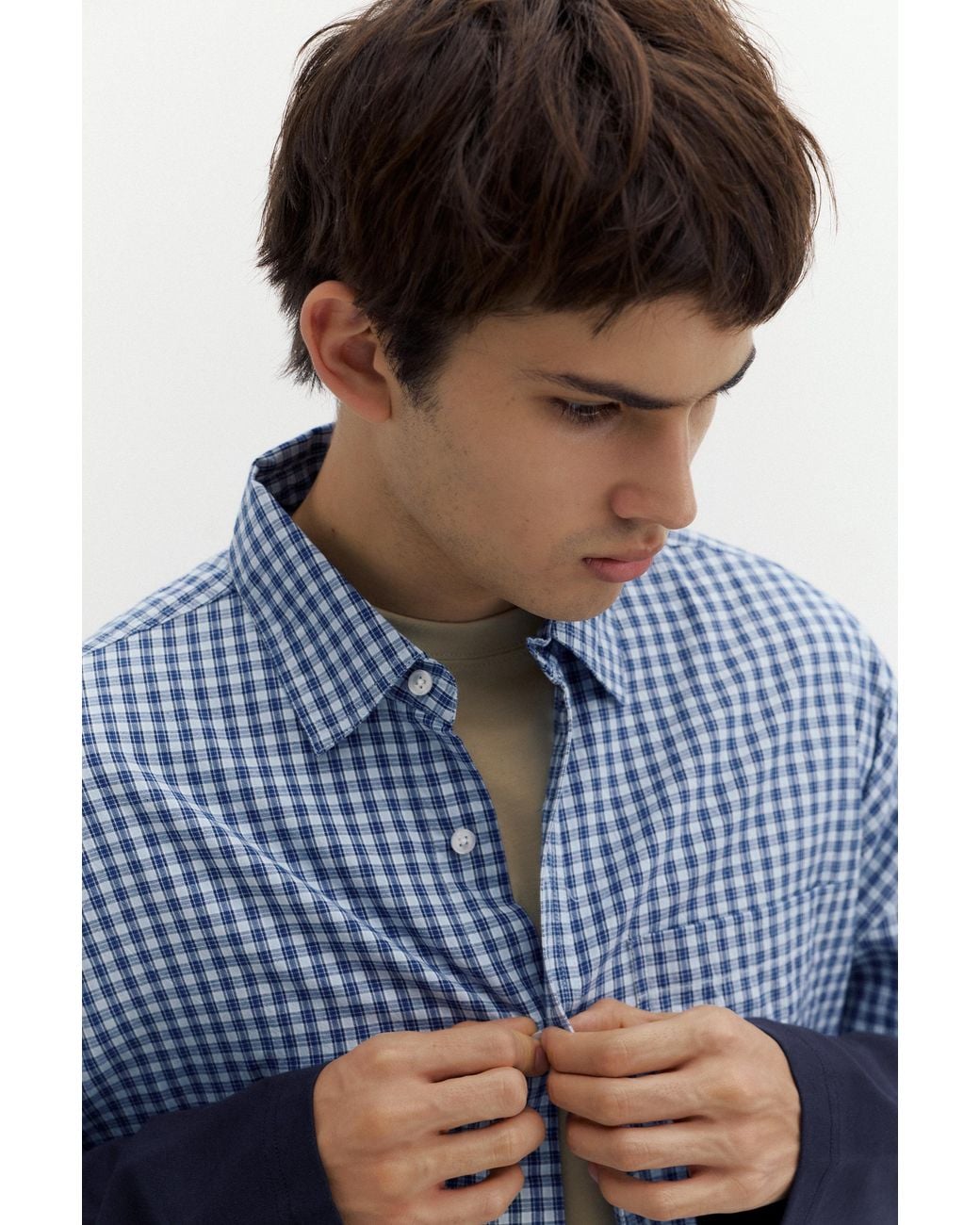 Pull&Bear Blue Check Double Sleeve Shirt for men