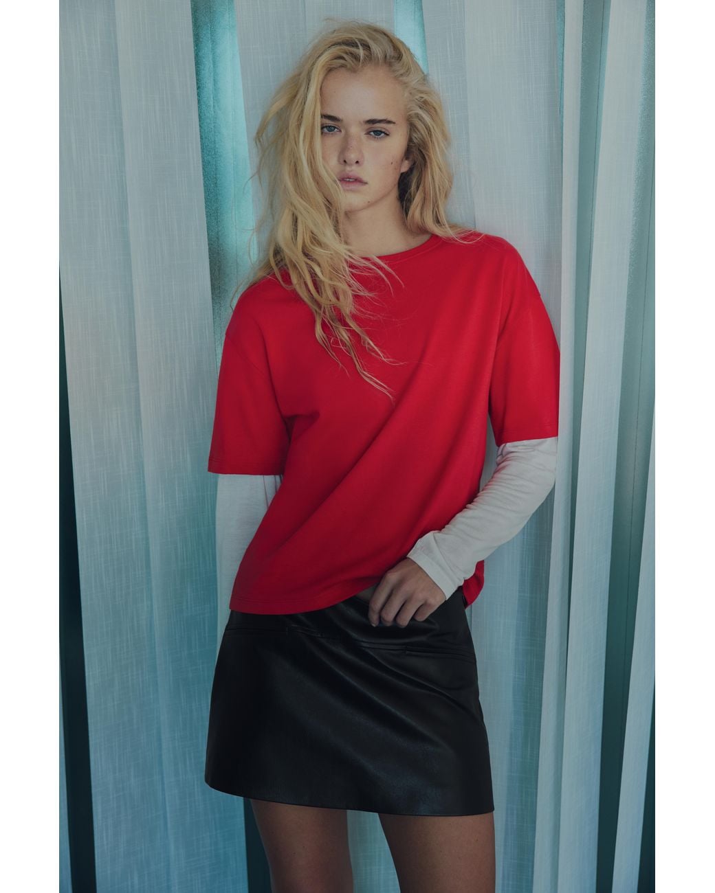 Pull&Bear Red Double-Sleeve T-Shirt