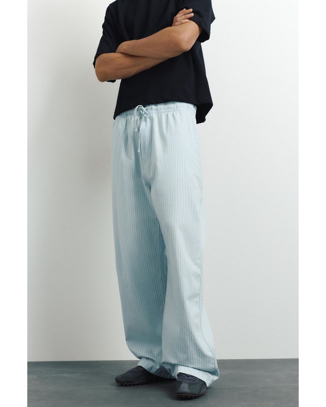 Pull&Bear Blue Striped Pyjama-Style Trousers for men