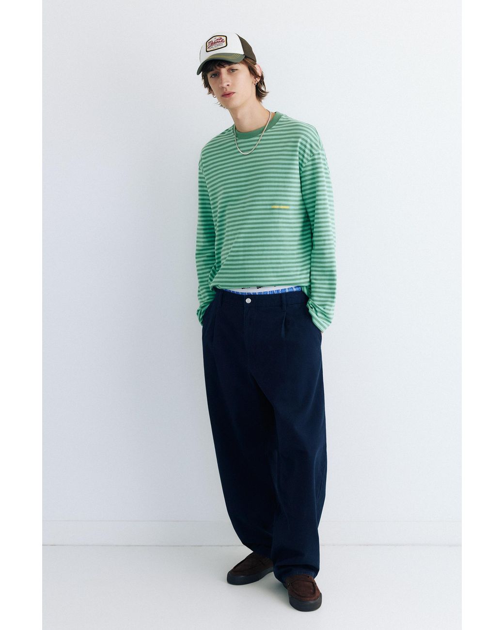 Pull&Bear Green Striped Stwd T-Shirt for men