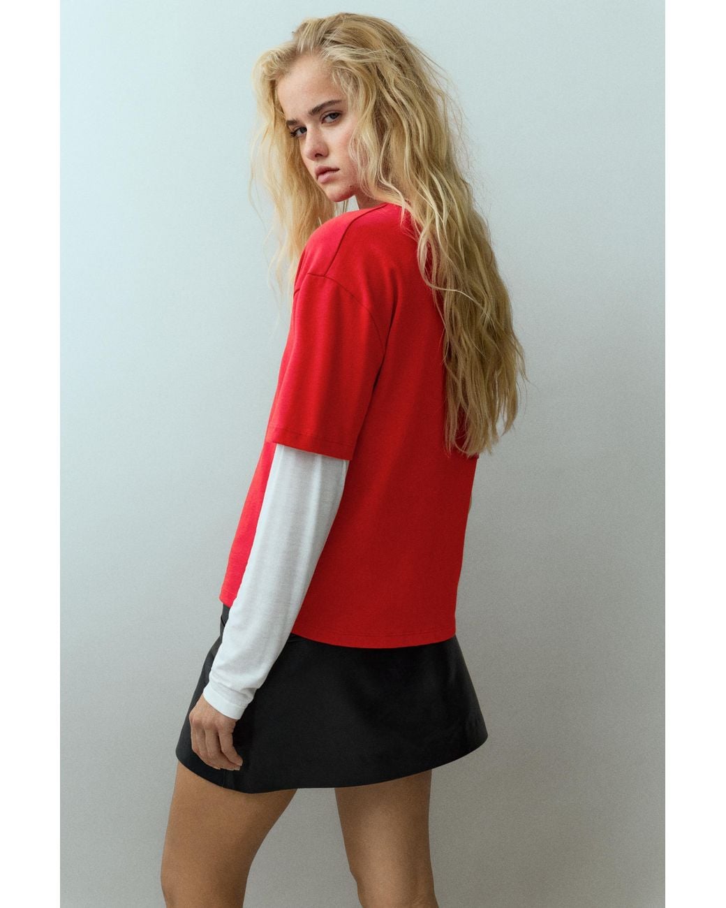 Pull&Bear Red Double-Sleeve T-Shirt