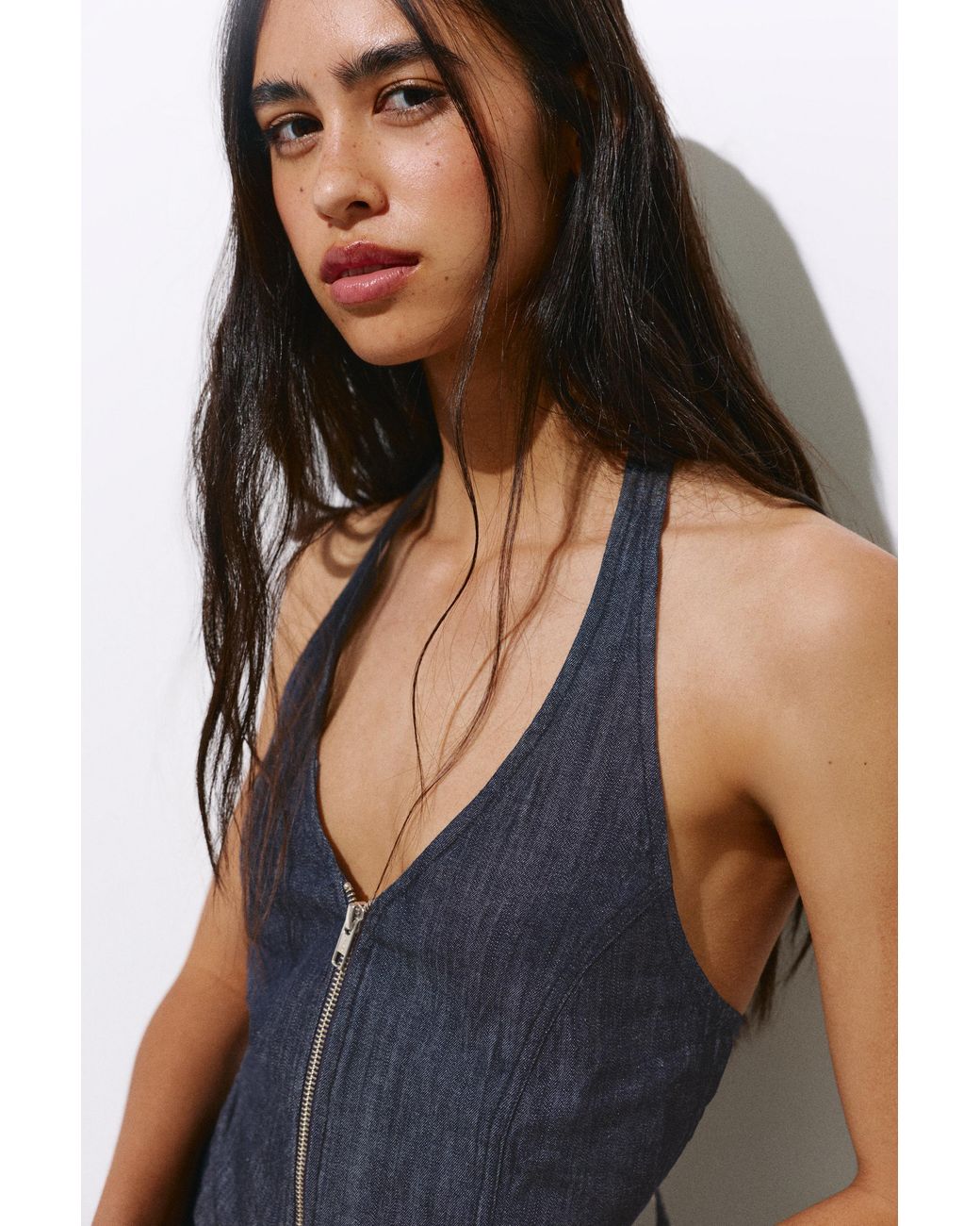 Pull&Bear Brown Denim Halter Top With Zip