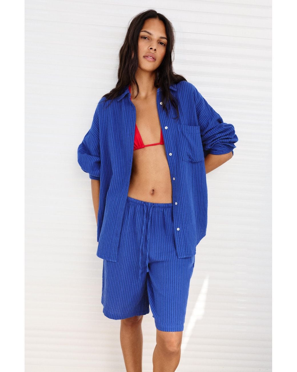 Pull&Bear Blauwe Rustieke Bermuda Met Strepen in het Blue