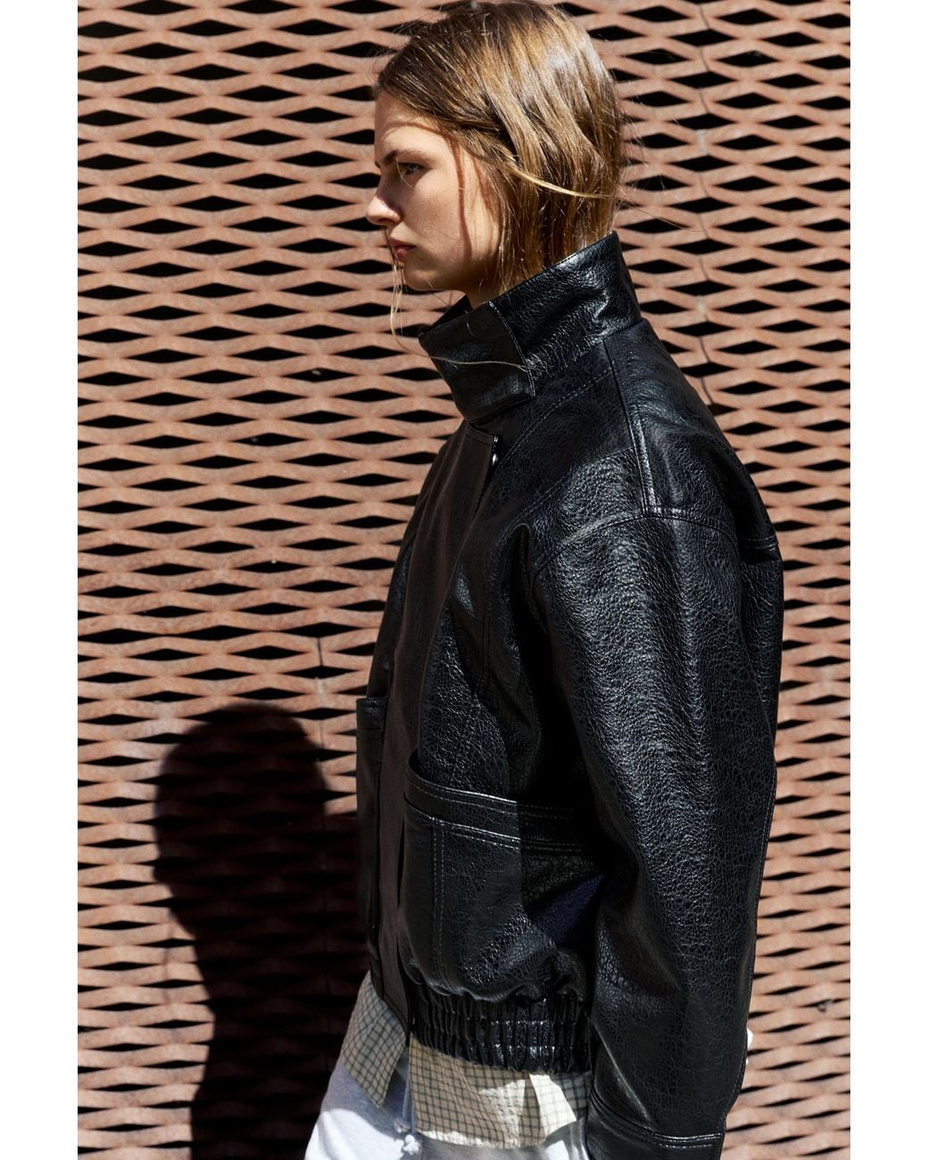 Pull&Bear Black Leather Effect High Neck Jacket