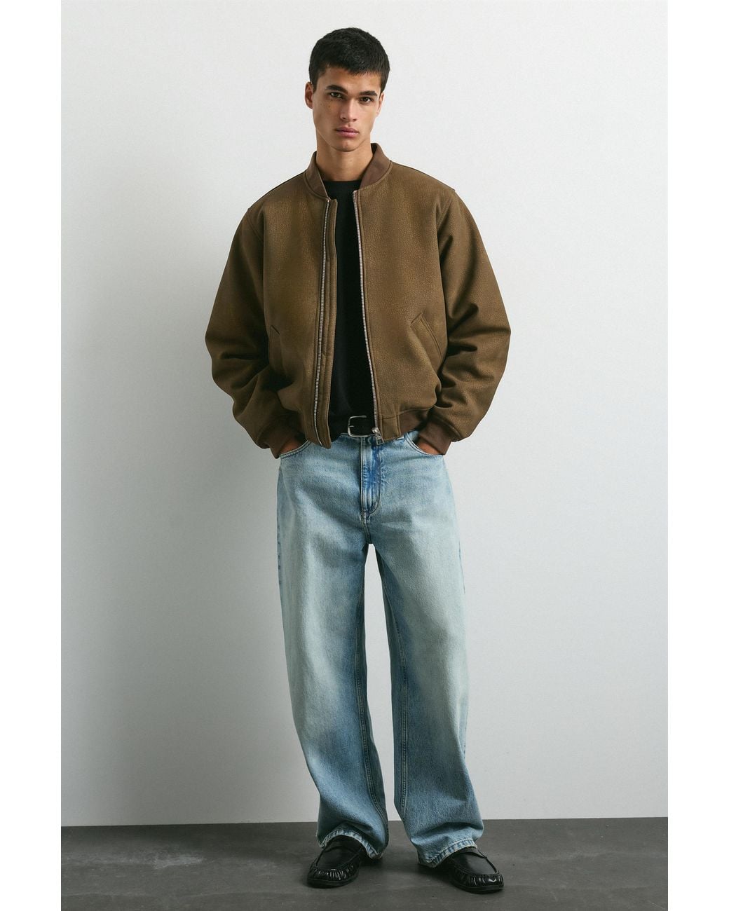 Pull&Bear Green Leather Effect Bomber Jacket for men