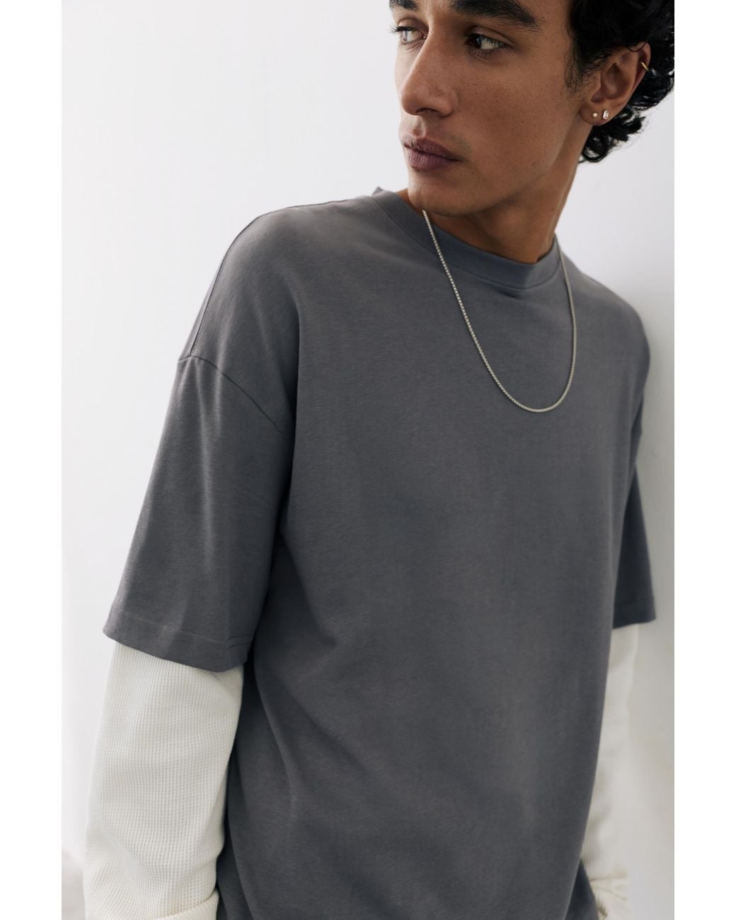 Pull&Bear Gray Double-Layer Long Sleeve T-Shirt for men