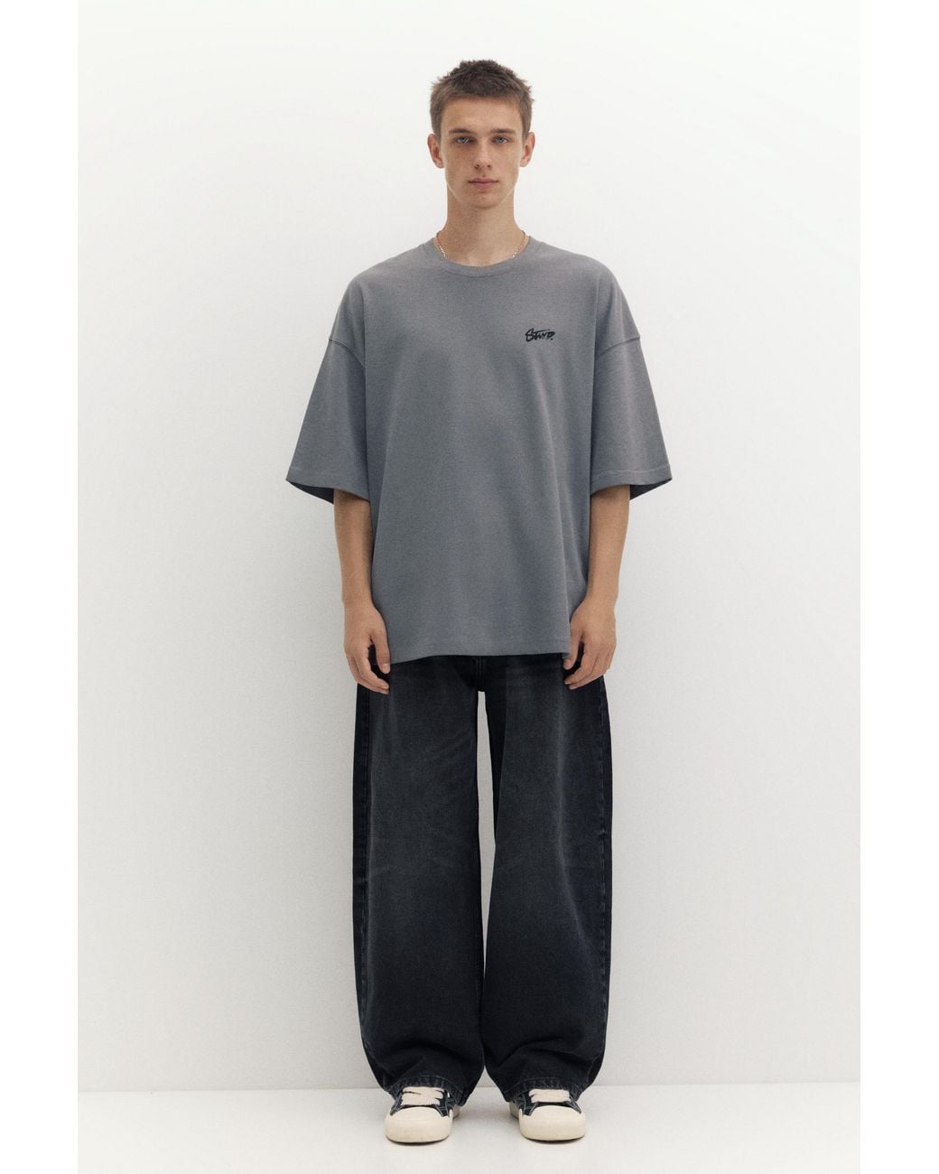 Pull&Bear Gray Oversize Stwd T-Shirt for men