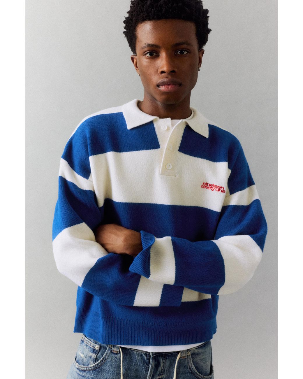 Pull&Bear Blue Long Sleeve Striped Knit Polo Shirt for men