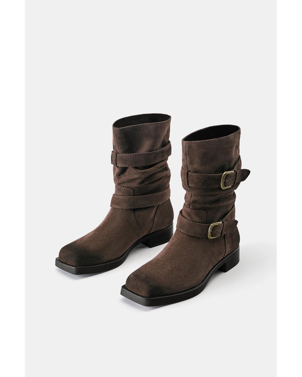 Pull&Bear Black Gathered Leather Boots With Buckles for men