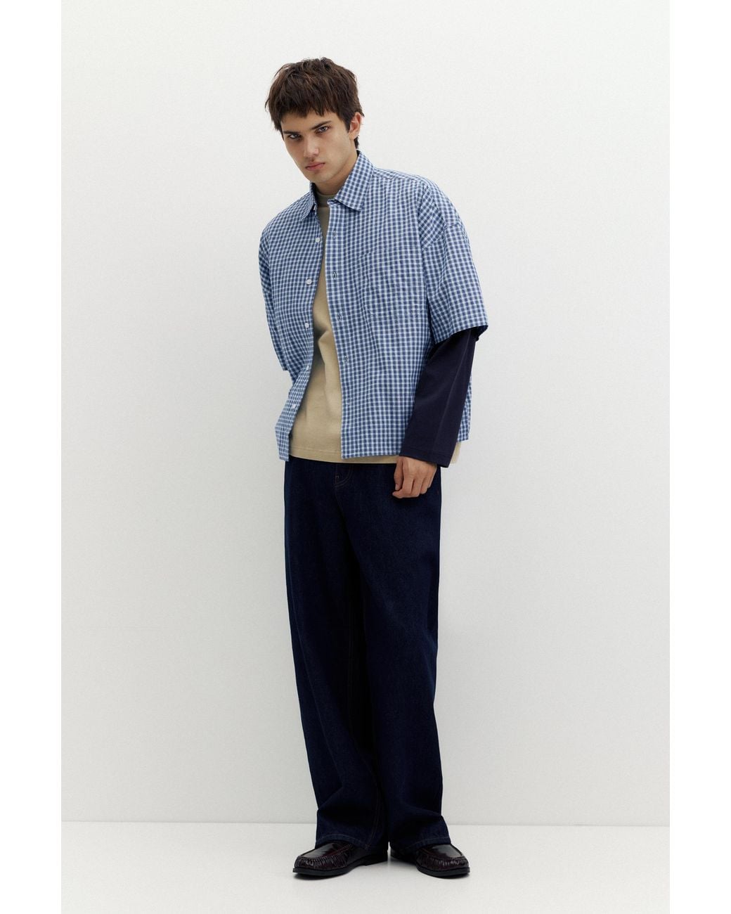 Pull&Bear Blue Check Double Sleeve Shirt for men
