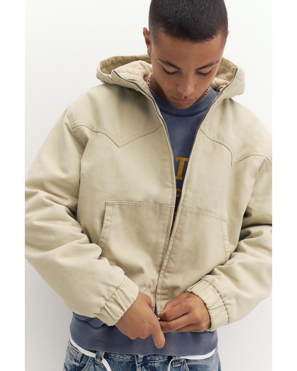Pull&Bear Blue Hooded Bomber Jacket for men