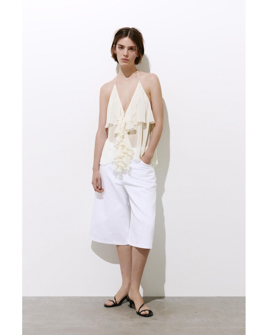 Pull&Bear White Halter Top With Ruffles