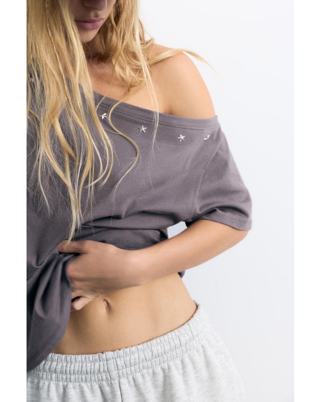 Pull&Bear Gray Asymmetric Star T-Shirt