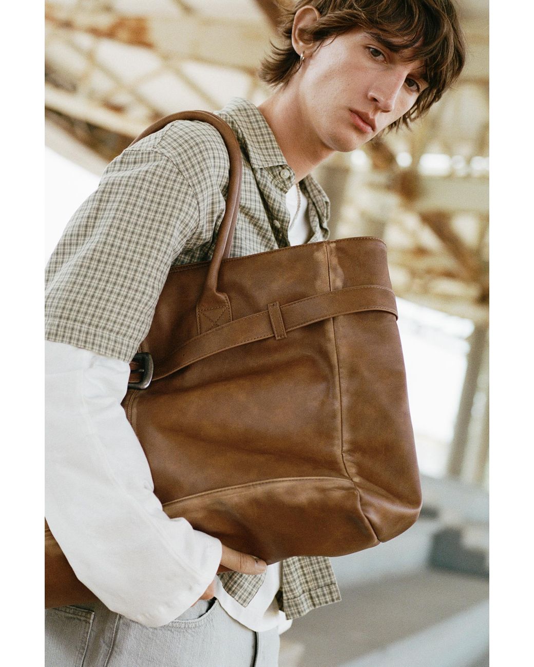 Pull&Bear Brown Distressed Shopper Bag With Buckle for men