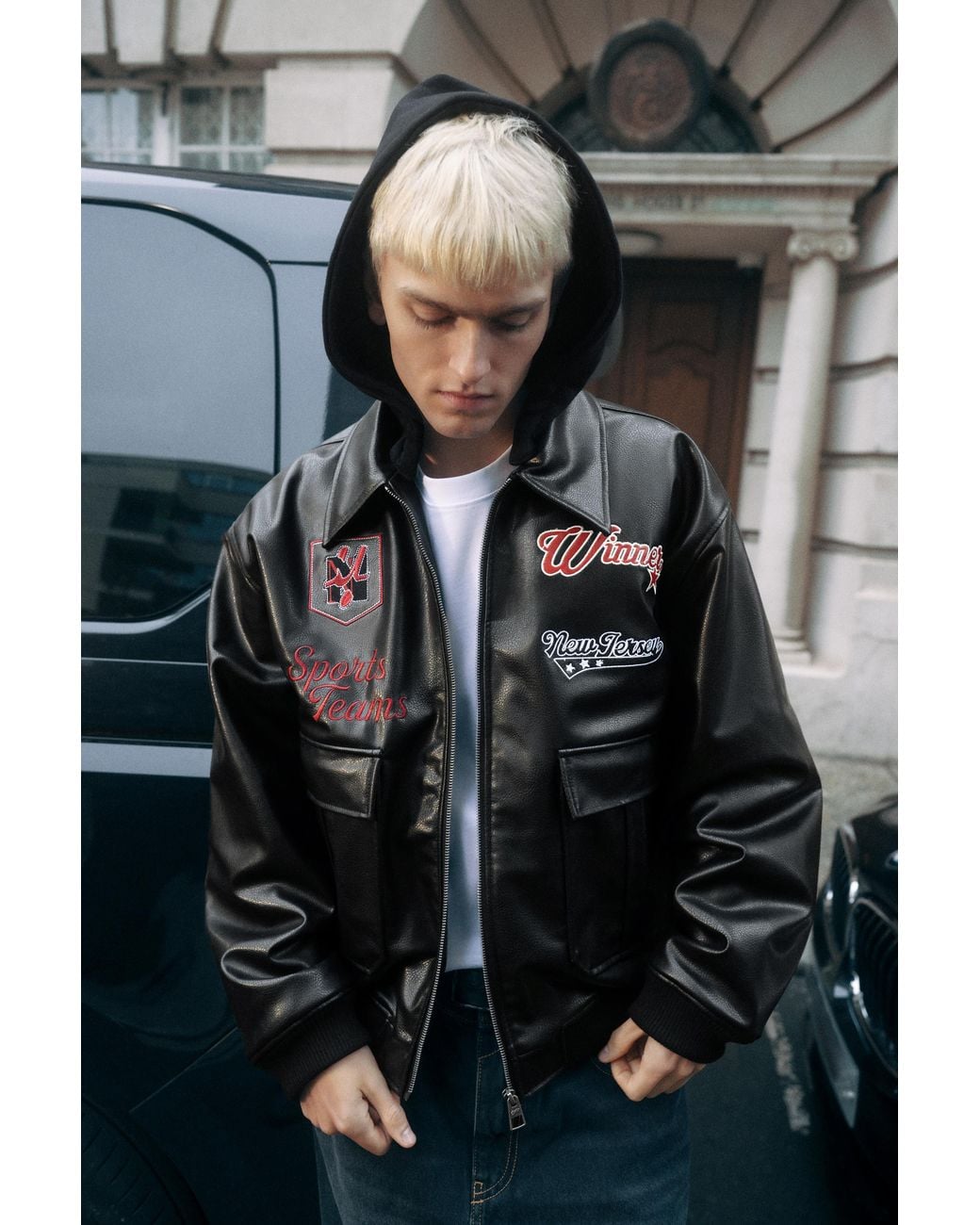 Pull&Bear Gray Combined Leather Effect Hooded Jacket for men