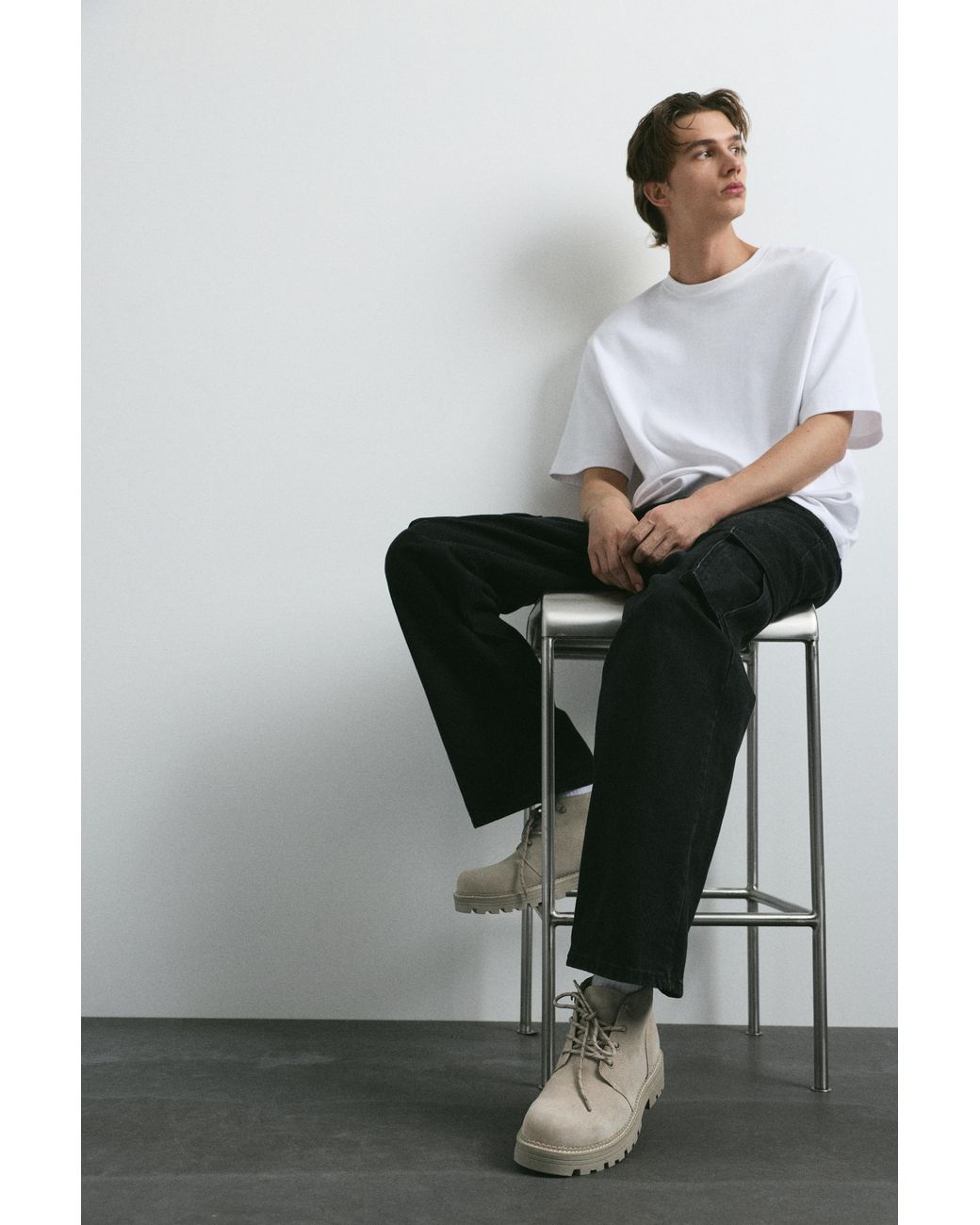 Pull&Bear Gray Leather Lace-Up Boots for men