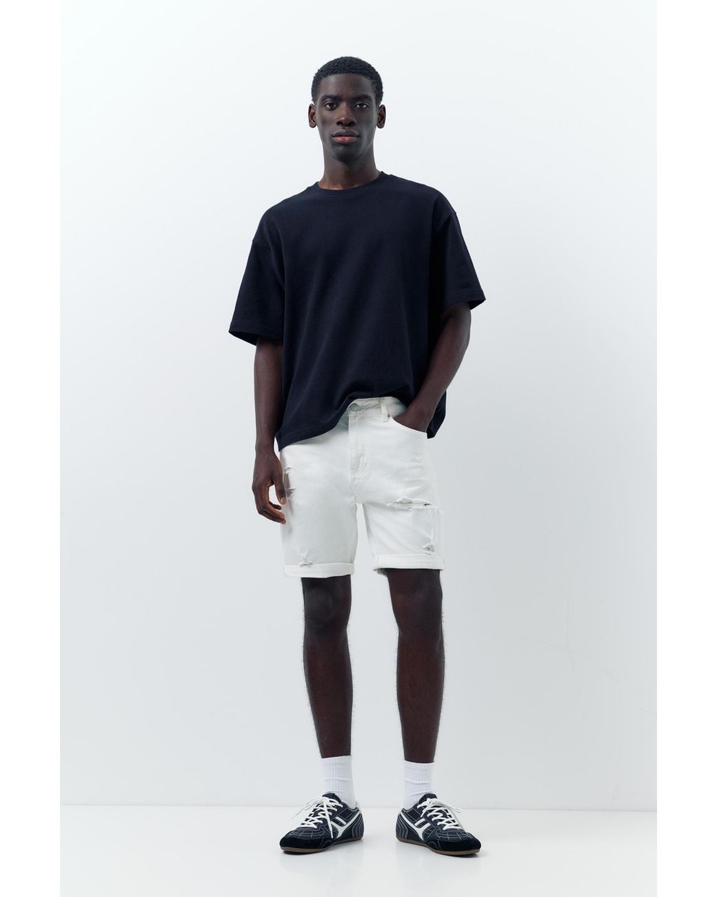 Pull&Bear Blue Ripped Denim Bermuda Shorts for men