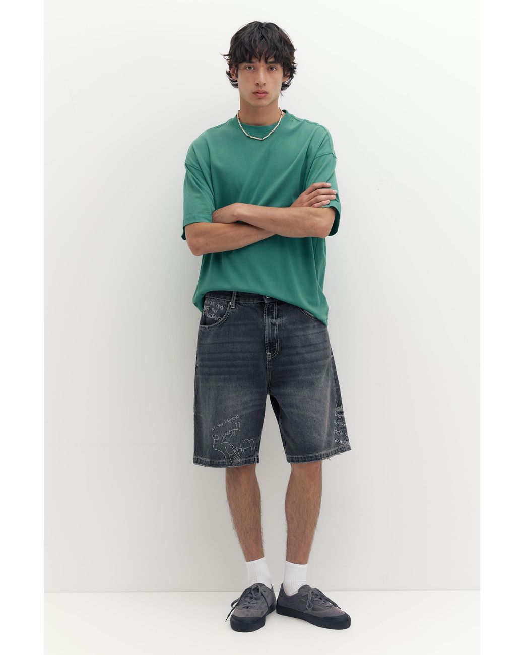 Pull&Bear Green Embroidered Baggy Denim Bermuda Shorts for men