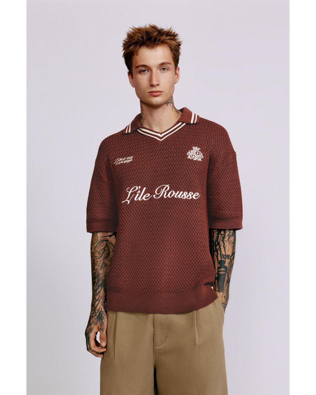 Pull&Bear Brown L'Île-Rousse Graphic Knit Polo Shirt for men