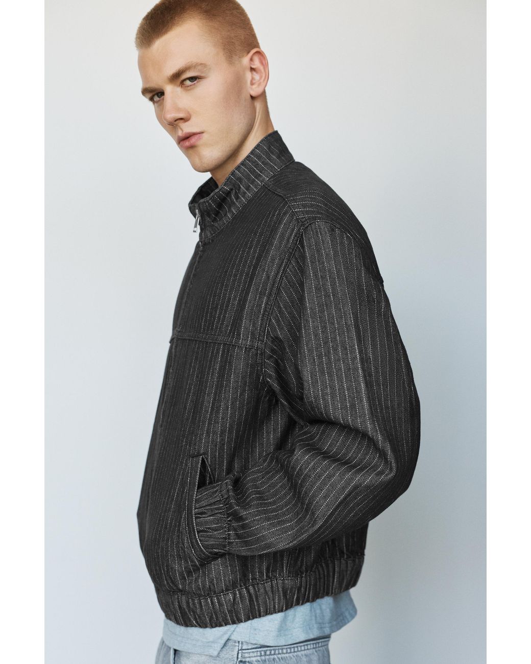 Pull&Bear Black Pinstripe Denim Jacket for men