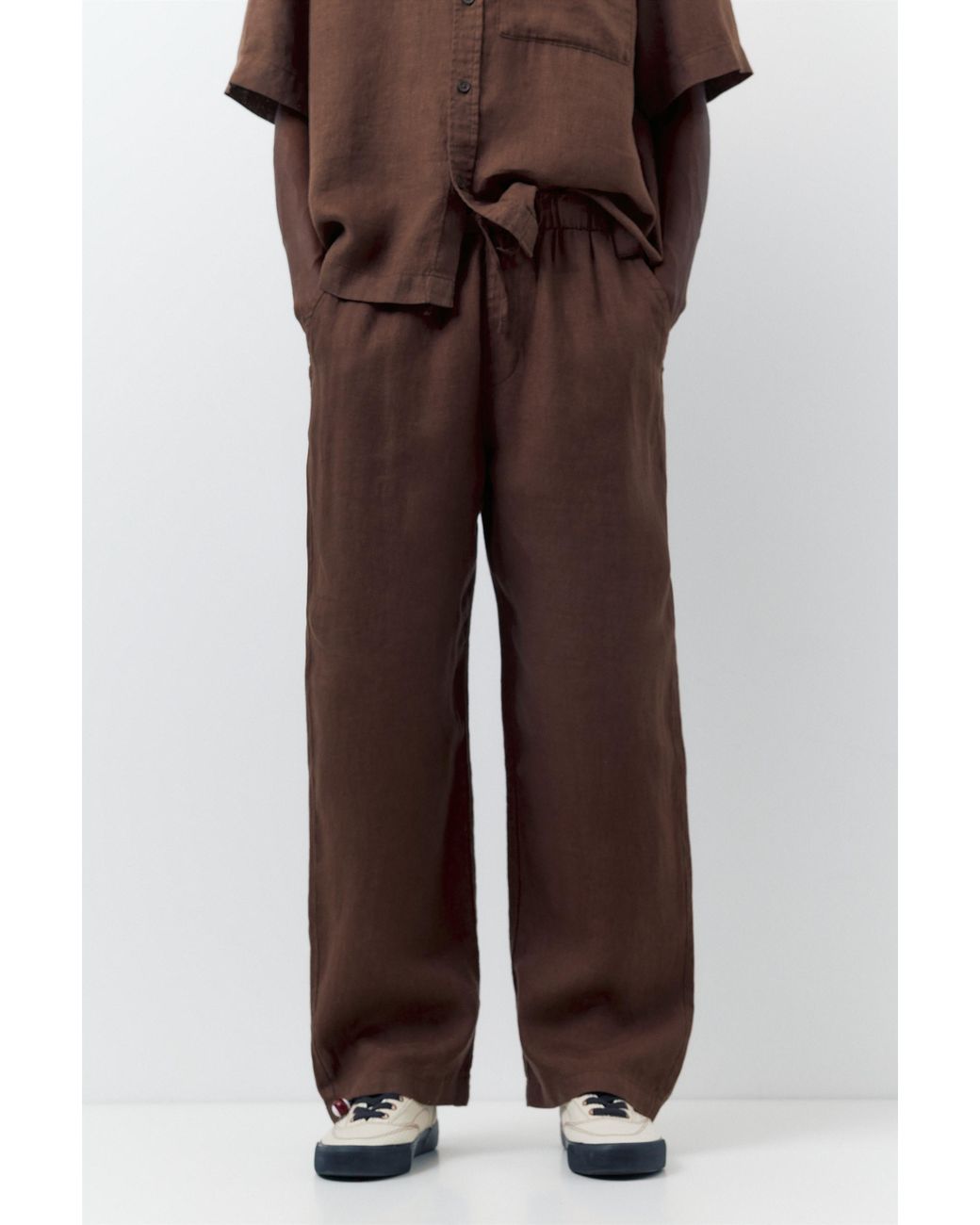 Pull&Bear Brown 100% Linen Jogger Trousers for men