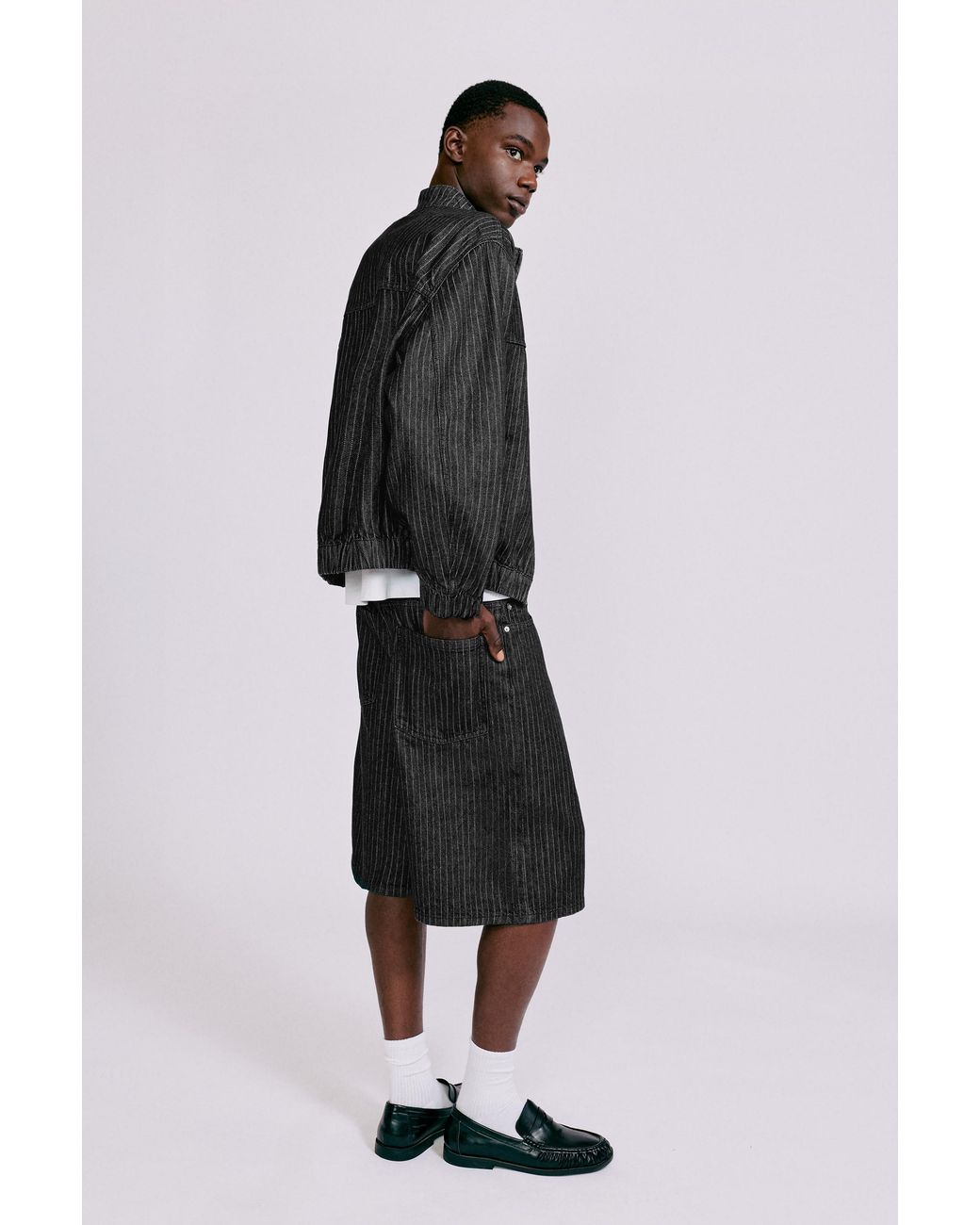 Pull&Bear Gray Pinstripe Skater Denim Bermuda Shorts for men