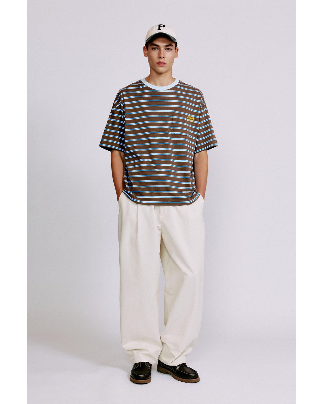 Pull&Bear Gray Striped T-Shirt With Text for men