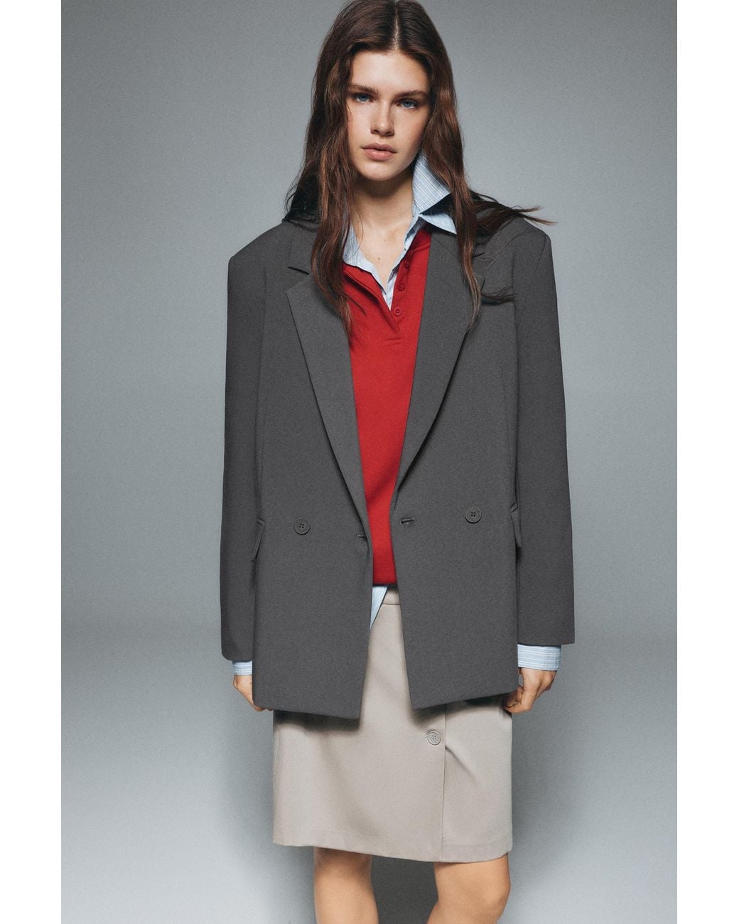 Pull&Bear Gray Double-Breasted Blazer