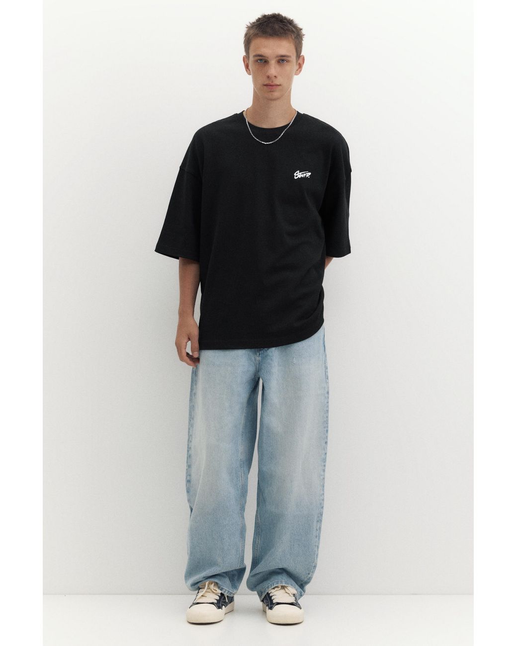 Pull&Bear Black Oversize Stwd T-Shirt for men
