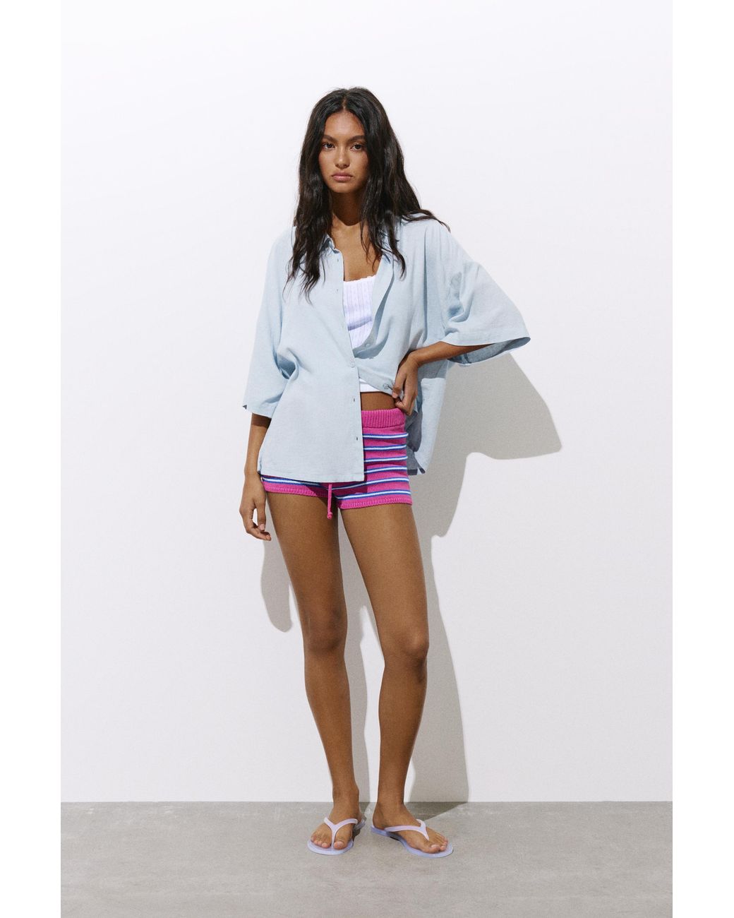 Pull&Bear Blue Short Sleeve Linen Blend Shirt