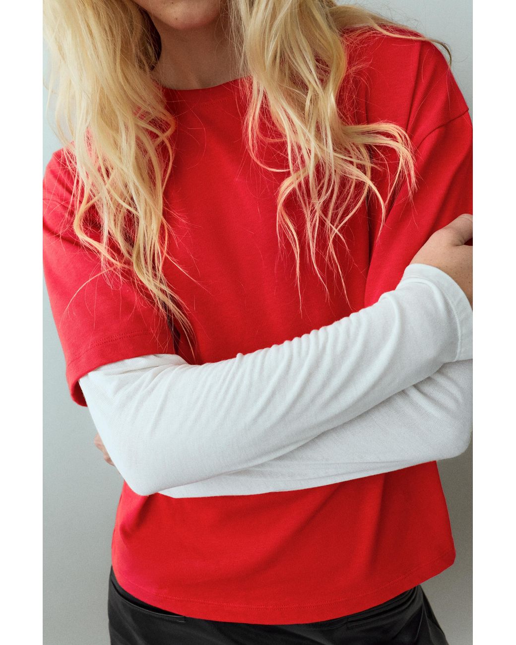 Pull&Bear Red Double-Sleeve T-Shirt