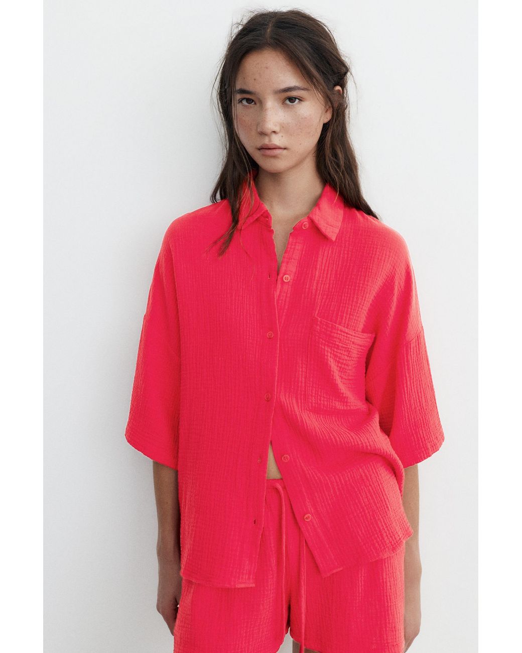 Pull&Bear Red Short Sleeve Crepe Shirt